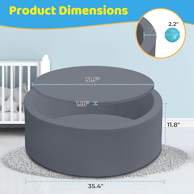 Baby Ball Pit 35.4" Soft Round Memory Foam Ball Pits NOT Included Balls Indoor Outdoor Playpen for Babies Toddlers Kids Great Gift for Girls Boys, Dark Gray