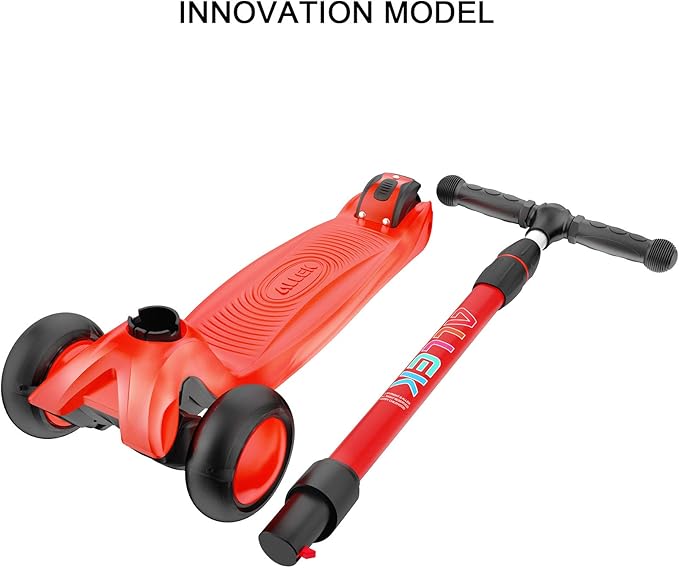 Allek Kick Scooter B03, Lean 'N Glide 3-Wheeled Push Scooter with Extra Wide PU Light-Up Wheels, Any Height Adjustable Handlebar and Strong Thick Deck for Children from 3-12yrs (Red)