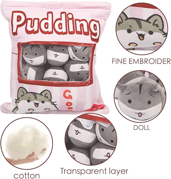 ARELUX Cute Hamster Plush Pudding Pillow:Snack Pillow Toys Bag Removable Stuffed Animal 8Pcs Sets Creative Plush,Soft Hamster Plushie Throw Pillow,Dolls Friends Family Member