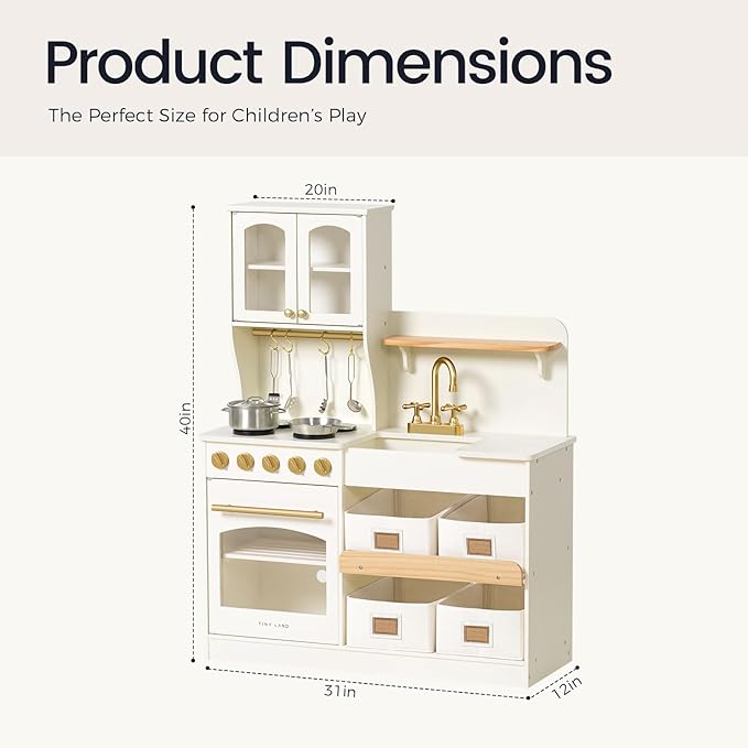Tiny Land Play Kitchen for Kids with Storage System, Toy Kitchen Set with Plenty of Play Features Gift for Ages 3+