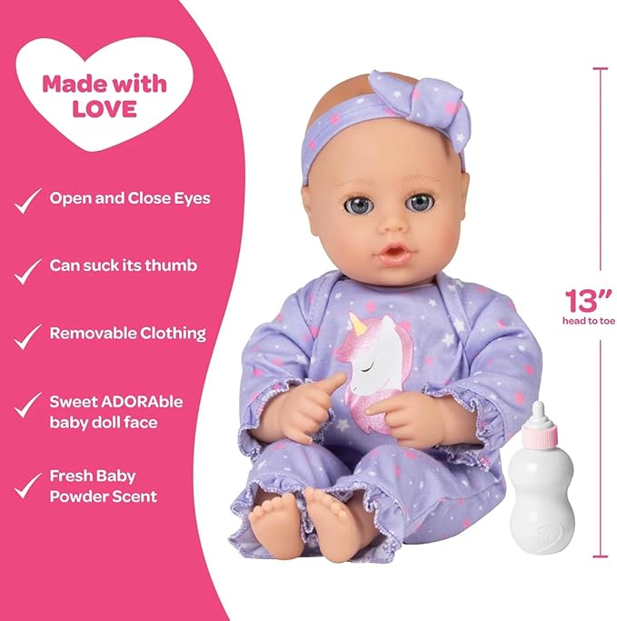 ADORA Play Time Babies 13 Inch Baby Doll, Soft Vinyl Body, Powder Scent, Includes Clothes and Accessories, Gift for Toddlers Ages 1 Year and Up - Unicorn Glitter