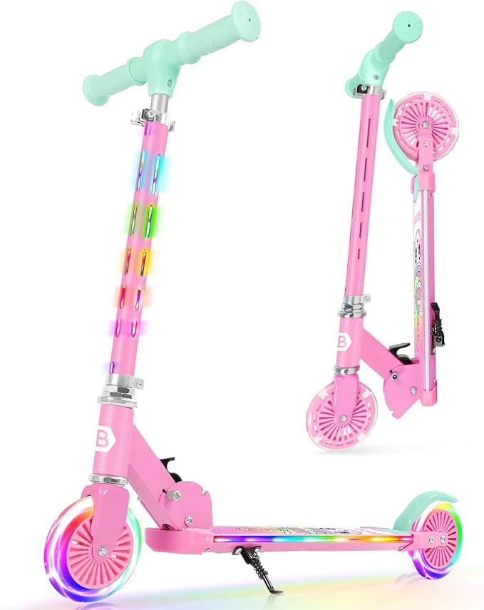 BELEEV V3 Scooter for Kids with Light-Up Wheels & Stem & Deck, 2 Wheel Folding Scooter for Girls Boys, 4 Adjustable Height, Lightweight Kick Scooter with Handy Kickstand for Children Ages 3-12