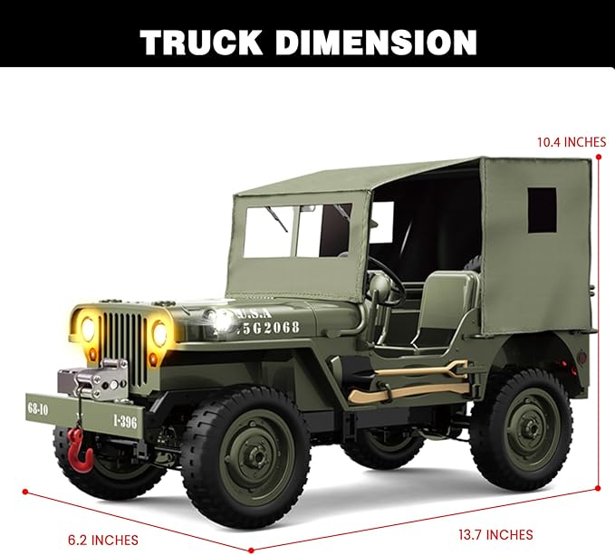 Remote Control Truck, RC Willys Military Jeep Car 1/12 Scale with Rechargeable Battery & Winch System, 2.4Ghz 4x4 Off-Road Remote-Control Crawler Vehicle for Boys Adult, Christmas Birthday Gift