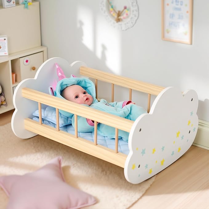 BABESIDE Wooden Baby Dolls Bed for 12-16 Inches Doll, Rocking Babys Doll Crib, Sleep Bed, Baby Dolls Accessories Furniture fit Newborn Dolls Boys & Girls