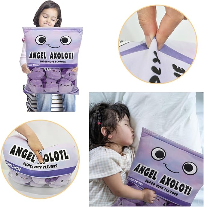 ARELUX Cute Axolotl Plush Pudding Pillow:Snack Pillow Toys Bag Removable Stuffed Animal 6Pcs Sets Creative Plush,Soft Purple Axolotl Plushie Animal Throw Pillow,Dolls Friends Family Member