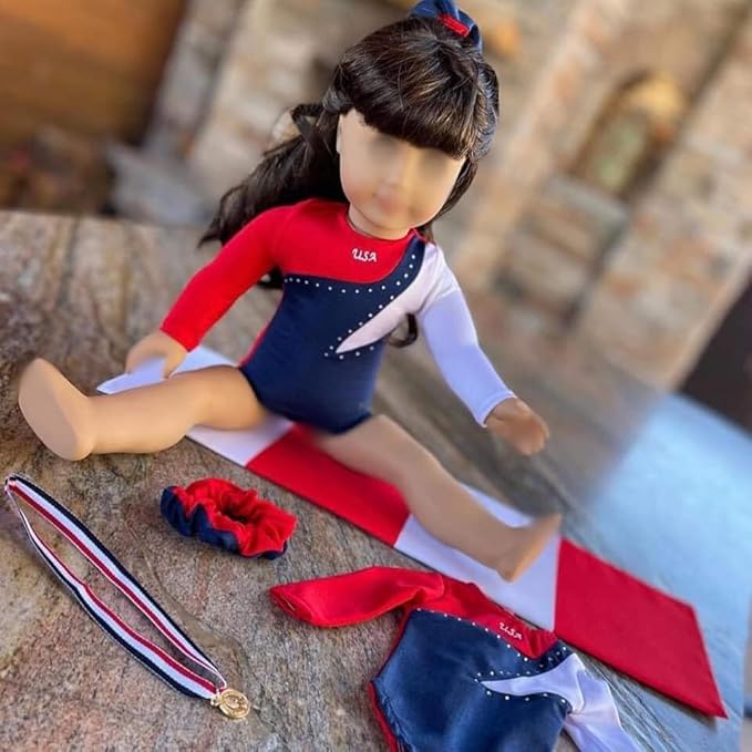 2024 American Doll Girl USA Gymnastics Doll Clothes Set with Leotard, Mat, Olympic Medal and Hair Accessory. 4 PCS in All! Doll Not Included