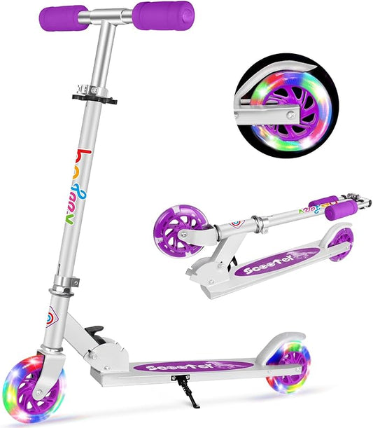 BELEEV V1 Scooters for Kids, 2 Wheel Folding Kick Scooter for Girls Boys, 3 Adjustable Height, Light Up Wheels, Lightweight Scooter with Sturdy Frame, Kickstand for Children 3 to 12 Years Old