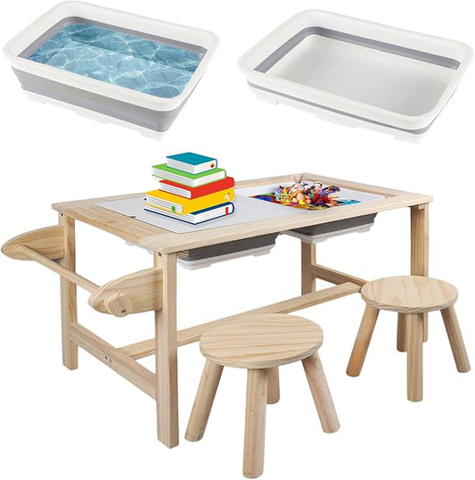 Kids Sensory Bins Table with 2 Stool, Multifunctional Children Interactive Activity Wooden Table Set for 1-3 Years, Drawing Table Play Sand & Water Table with Storage Bins Lid