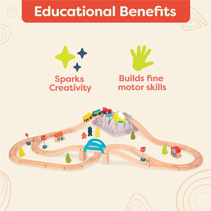 B. toys- Wood & Wheels Train Set- 47pc Wooden Train Set- Train Tracks & Accessories – Storage Bucket with Mountain Lid – Classic Toys for Toddlers, Kids – 3 Years +