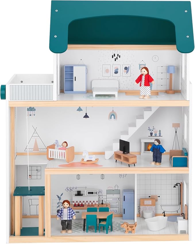 Wooden Dollhouse with Liftable Elevator - 2.6 Feet High Modern Doll House for Kids Toddlers - Including 21 Furniture Pieces, 4 Family Dolls, and 1 pet