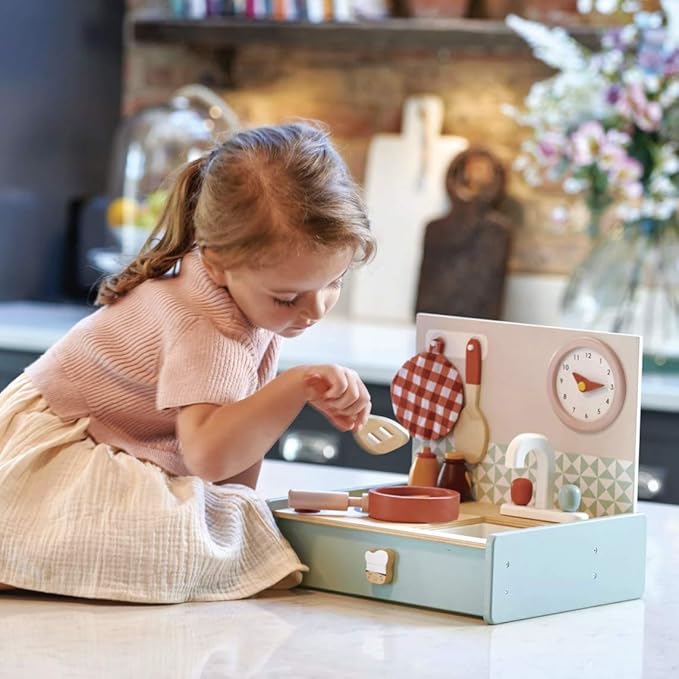 Tender Leaf Toys - Mini Chef Kitchenette - Foldable Portable Wooden Kitchen with Accessories for Pretend Cooking – Develops Social, Creative and Imaginative Skills - Learning Role Play - Age 3+
