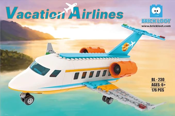 Brick Loot Vacation Airlines Passenger Airplane Building Blocks Set – Includes Airport Terminal, Boarding Stairs, and 7 Minifigures – Compatible with Lego – Gift for Kids Ages 6+