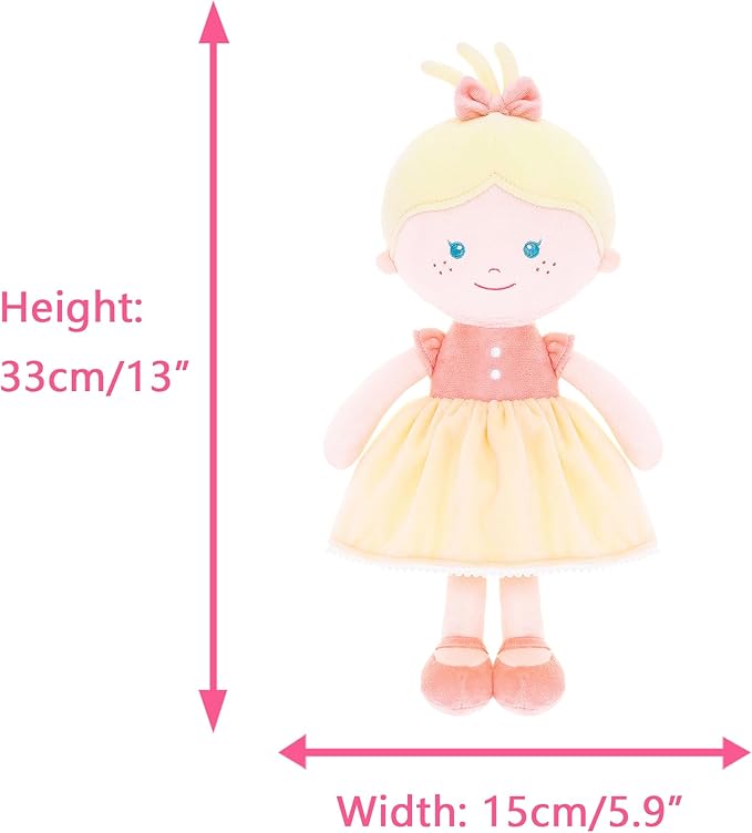 Onetoo Soft Baby Doll for Girls - Plush Rag Doll Sleeping Cuddle Buddy - Yellow Dress, 14"