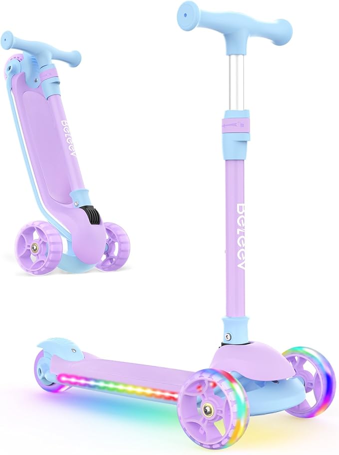 BELEEV A9 Kids Scooter with LED Light-Up Wheels & Deck, 3 Wheel Folding Scooter for Toddlers Girls Boys Ages 3-12, Adjustable Handlebar, Lean to Steer, Extra-Wide Wheels, Kick Scooter for Children