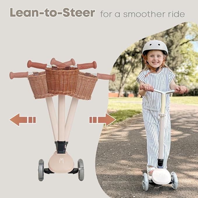 MomnLittle Kick Scooter for Kids Ages 3-10 (Beige/Pink/Navy/White) 3 Wheeled with LED Light-Up Wheels CPSC Certified Foldable and 4 Height Adjustable Toddler Scooters for Boys Girls