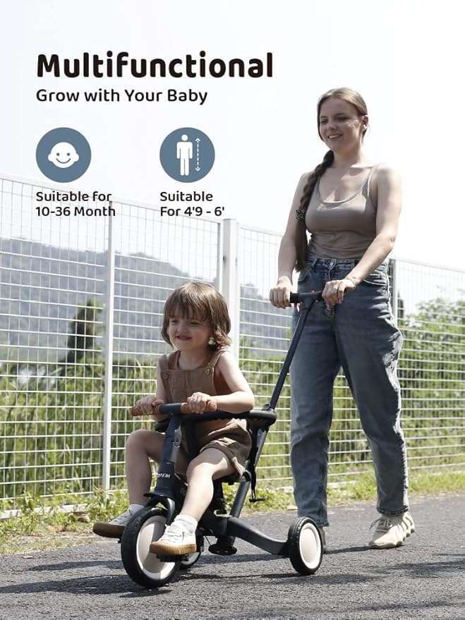 newyoo 5 in 1 Tricycles for 1-3 Year Olds, Baby Balance Bike, Christmas and Birthday Gift for Boy and Girl, Toddler Bike with Parent Push Handle, Safety Guard, Backrest, Safety Belt, Dark Grey, TR008