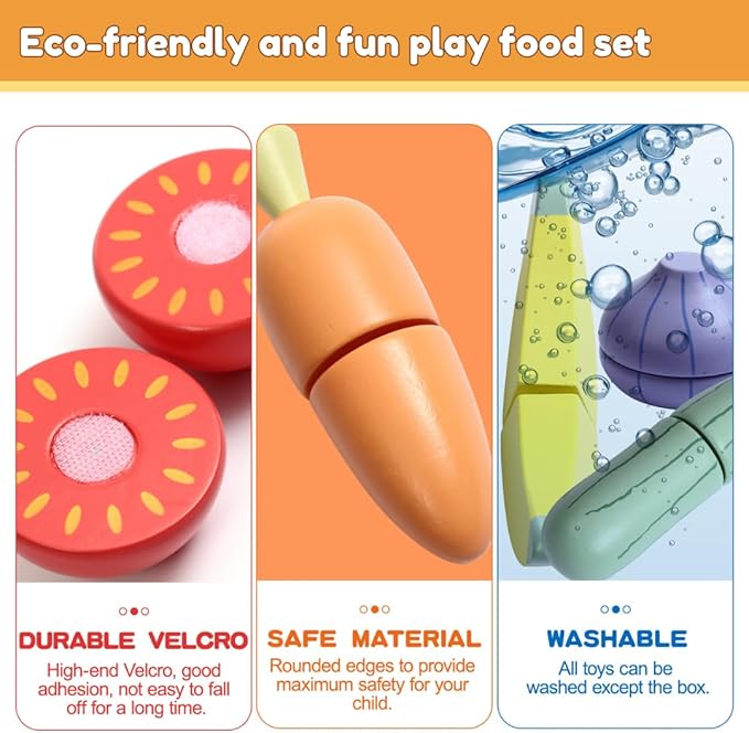 Wooden Food Set for Kids with Cookbook Magical Recipes, Wood Velcro Cutting Fruit and Vegetables Toy for Toddlers, Cooking Pretend Play, Kitchen Accessories, Early Education Toys