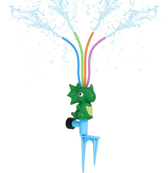 MoKo Water Sprinkler for Kids, Dinosaur Toddler Outdoor Toys with 4 Wiggle Tubes and Hose Clamp, Outdoor Play Toys Spray Up to 8ft, Summer Water Toys Sprinklers for Yard Lawn Garden, 1 Pack, Green