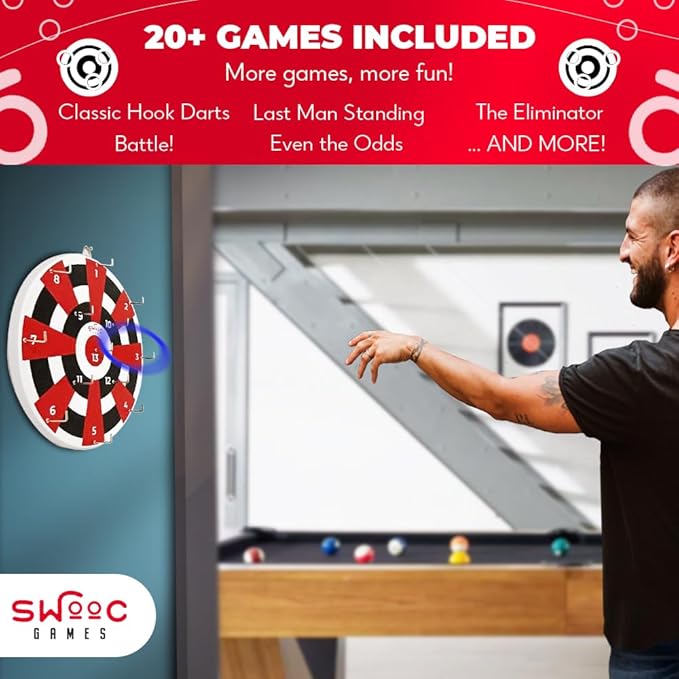 SWOOC Games โ Hook Darts Ring Toss Game โ Wood Board & Soft Rings โ 20+ Games Included for Kids & Adults โ Wall Mounted Ring and Hook โ Indoor & Outdoor Wall Decor for Game Room, Patio, Garage, Yard