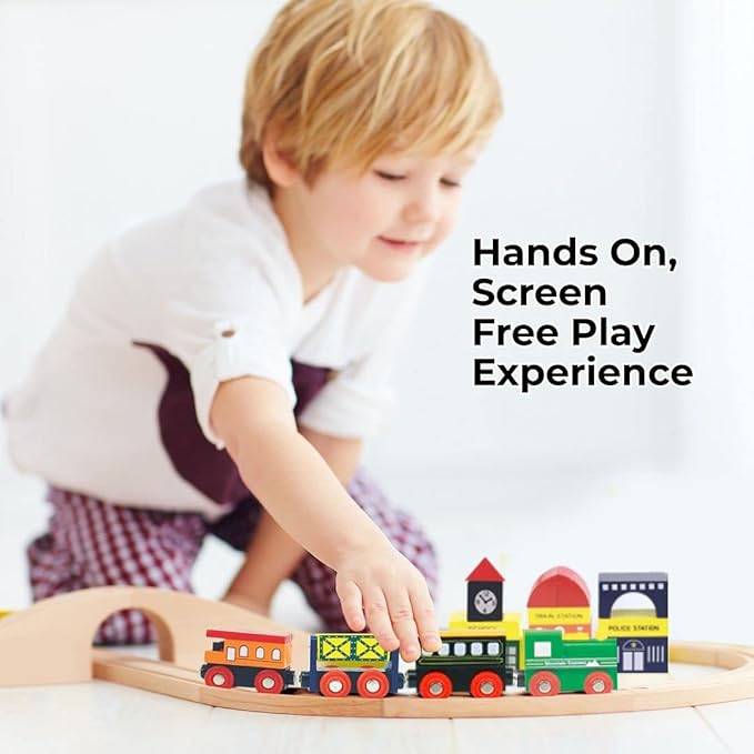Wooden Train Set 100 Piece All in One Wooden Toy Train Tracks Set with Magnetic Trains and Railway Accessories, Comes in A Clear Container, Compatible with All Major Brands