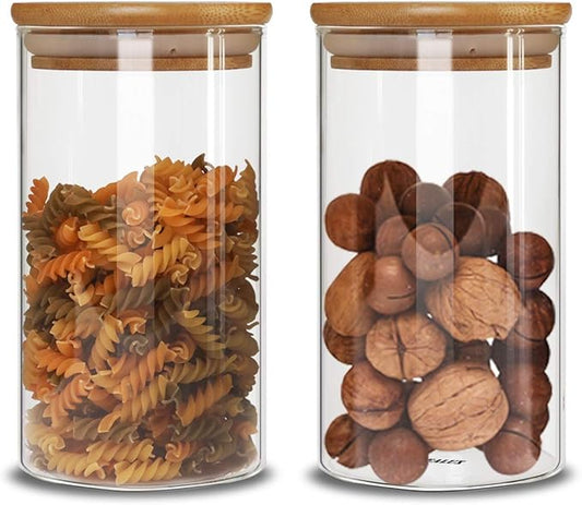 Glass Storage Jars Set of 2 (48oz/1400ml) with Wooden Lid, Glass Sourdough Starter Jar, Stackable Kitchen Canisters, Pefect for Coffee Bean Cookie, Sugar, Flour, Pasta, Sourdough, Nuts