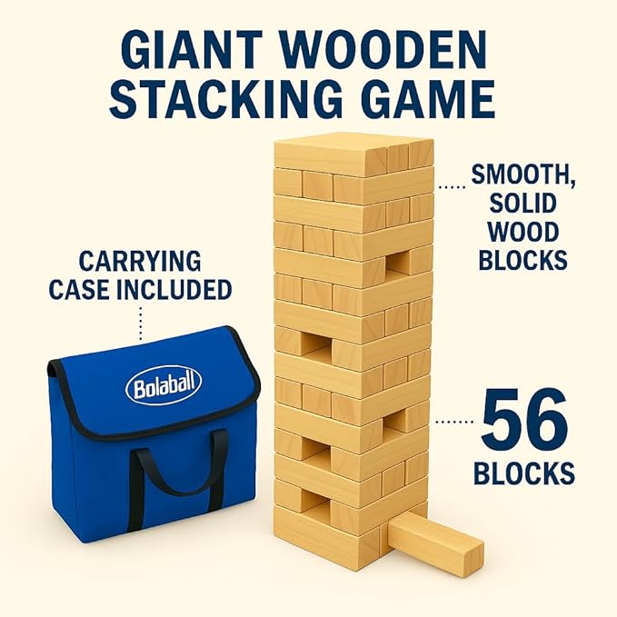 Giant Timber Tower, Outdoor Games Combo, 45 Giant Tumbling Blocks, 28 Giant Dominoes, and 6 Giant Dice, Classic Block Giant Outdoor Game for All Age Groups (Timber Tower)