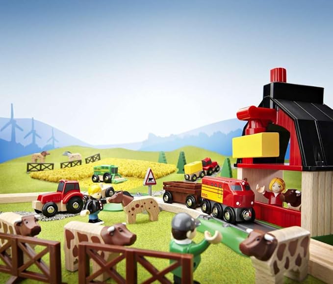 BRIO World Farm Railway Set - 20-Piece FSC-Certified Wood Train Set & Accessories - Works with All BRIO Wooden Railway Sets - Includes Barn, Tractor, Hay Crane, Tracks & More - Fun for Kids Ages 3+