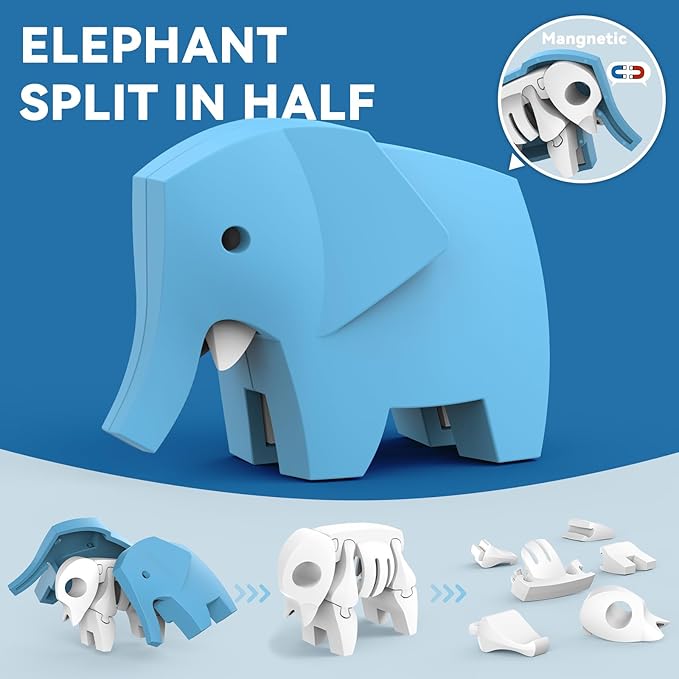 Magnetic Animal Building Toys, STEM Toddler Learning Toys 3D Puzzle Animals for Boys Girls, Educational Magnetic Travel Montessori Toy Lion Elephant Crocodile, Unique Birthday Gift for Kids 3 4 5 6 7