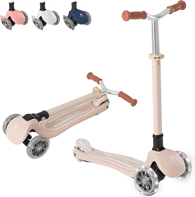 MomnLittle Kick Scooter for Kids Ages 3-10 (Beige/Pink/Navy/White) 3 Wheeled with LED Light-Up Wheels CPSC Certified Foldable and 4 Height Adjustable Toddler Scooters for Boys Girls
