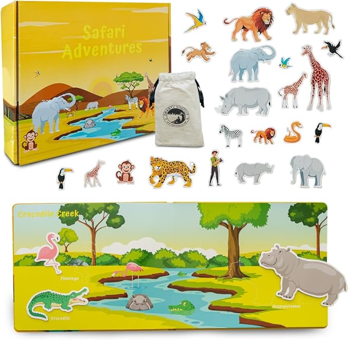 Motessory Preschool Busy Book – Safari Adventures Busy Book for Toddlers 3-5 Years Old with 8 Magnetic Pages and Figurines – Educational Toddler Montessori Toys for Home, Kindergarten, Travel