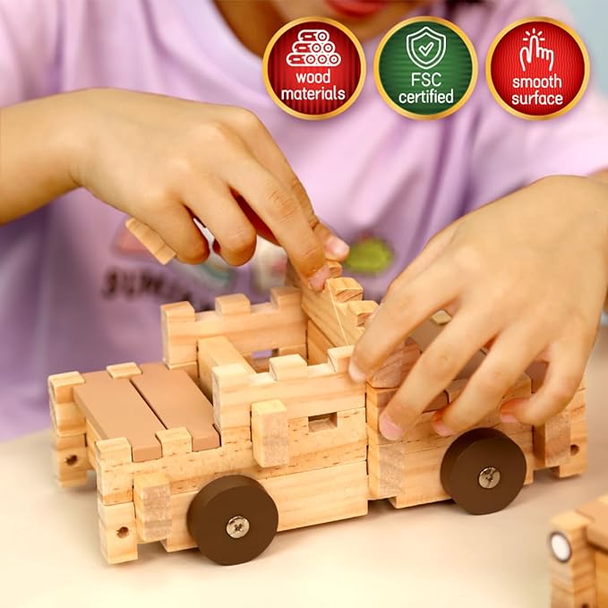 Jovi-mindly&Notchies Wooden Blocks Train Set 101 PCS Create 40+ Shapes,Toys Educational Wooden Building Blocks Puzzles for Kids Ages 5-8 Boys and Girls,Truck/Excavator,FSC Certified,Graduate Gifts