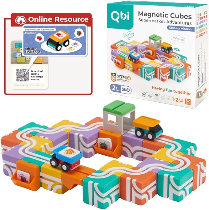 QBI Magnetic Blocks for Toddlers Ages 2-4|STEM Magnetic Building Blocks with Trucks & Fruit Plates|Montessori Magnet Building Cubes for Kids|Educational Gifts for Boys & Girls Ages 2+ (32PCS)