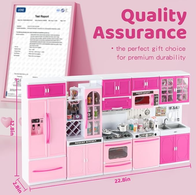 64 PCS Pink Kitchen Toys with Lights Sounds|Mini Kitchen House Furniture Sets for Kids Ages 4-8|Doll Playset Toys for Toddlers 3-5|Birthday Gifts for 3 4 5 6 7 8 Old Girls