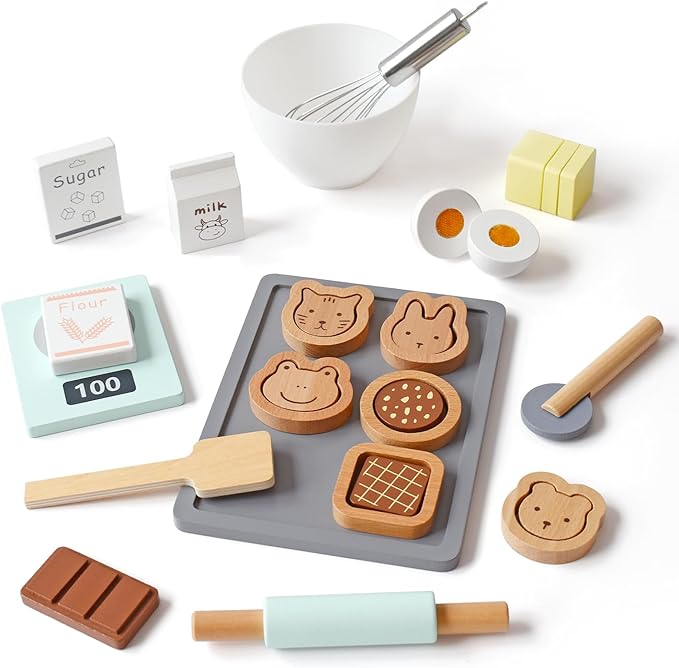 PairPear Wooden Toy Cookies and Baking Set,Kids 28 Pieces Play Food Toy Kitchen Playset,Pretend Play Kitchen Accessories Gift for Boys and Girls 3 Years and up