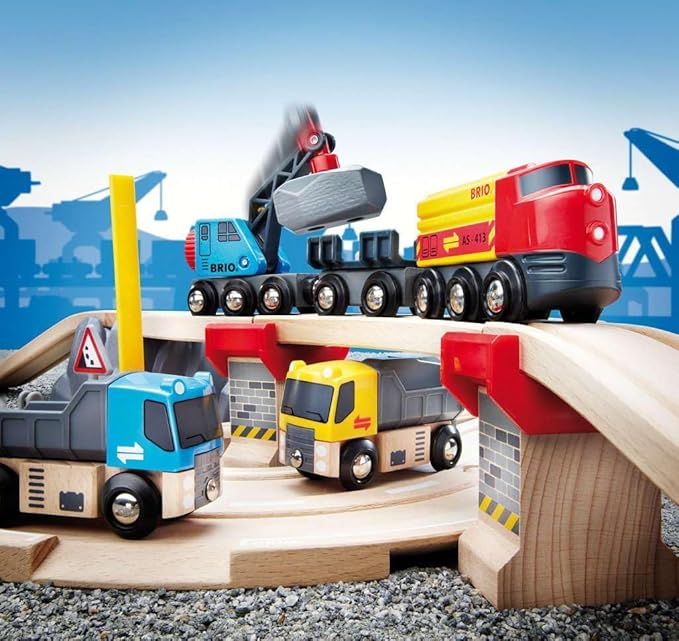 BRIO World 33210 - Rail & Road Loading Set - 32 Piece Wooden Train Set | Ideal for Kids Aged 3+ | with Special Crane Car & Flatbed Idea