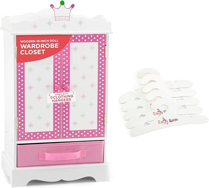 Emily Rose 18-inch Doll Large Wooden Storage Closet Armoire Wardrobe, Includes 5 Clothing Hangers! | Bedroom Furniture Fits American Girl Doll Clothes and Accessories | Gift for Girls 5+