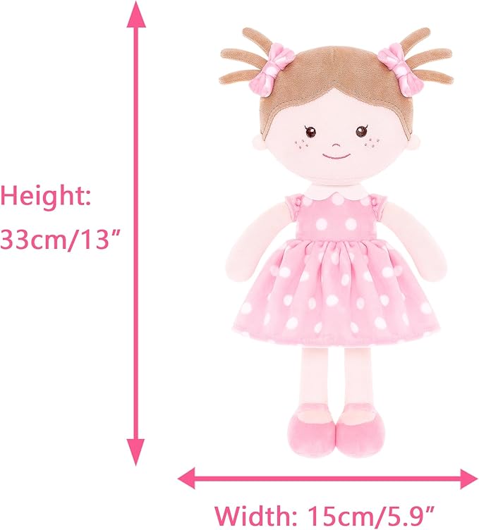 Onetoo Plush Rag Doll Sleeping Cuddle Buddy Doll Soft Baby Doll for Girls First Baby Doll Wear Pink Skirt Dress 14"(Milly Series)
