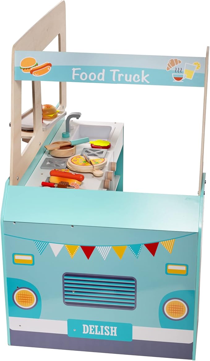 Food Truck Wooden Playset- 20 Fun Toy Pieces Including Cook Top, Steering Wheel, Sticker Sheet for Kids Name - Includes Food Tray, Pizza Slices & More, Dual Sided Play Stand for Indoor Fun Activity