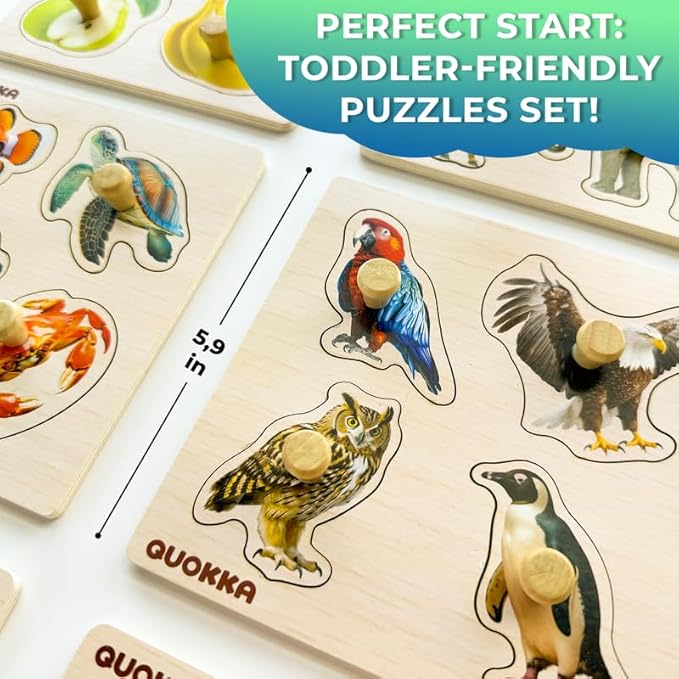 QUOKKA Wooden Puzzles for Toddlers 1-3 – 4 Set Pegged Puzzles for Kids Ages 2-4 – Animal and Birds Learning Toy for Kids – Gift Realistic Educational Game for Boy and Girl