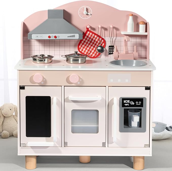 BlueWood Wooden Kids Kitchen Playset for Toddlers Ages 3-8, with Induction Hob, Oven, Ice Maker, Hood, and Tap - Châtelet Creamy Pink