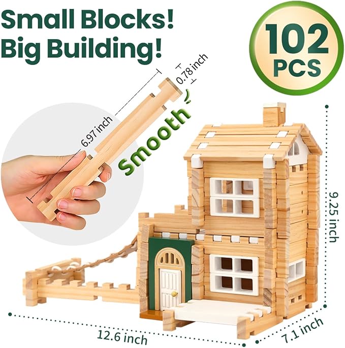 Jovi-mindly&Notchies 107 Pcs Wooden Blocks Toys with Door and Windows,Classic Old Fashioned Toys,Wooden Building Blocks for Kids Ages 4-8 Boys and Girls,FSC Certified,Graduate Gifts