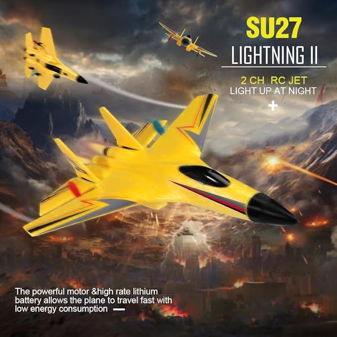 SU-27 RC Airplane,2.4GHz 2 Channel Remote Control Plane with Gyro Night Lights and 2 Batteries, Easy to Fly for Adults, Beginners and Kids Yellow Toy