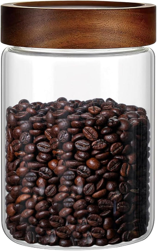 28 Fl oz/850 ml Glass Food Storage Jar, Premium Clear Glass Container Jar with Airtight Wooden Screw Lid, Kitchen Canisters for Coffee,Tea,Pasta,Cookies, Nuts,Spice,Candy,Overnight Oatmeal(Medium)