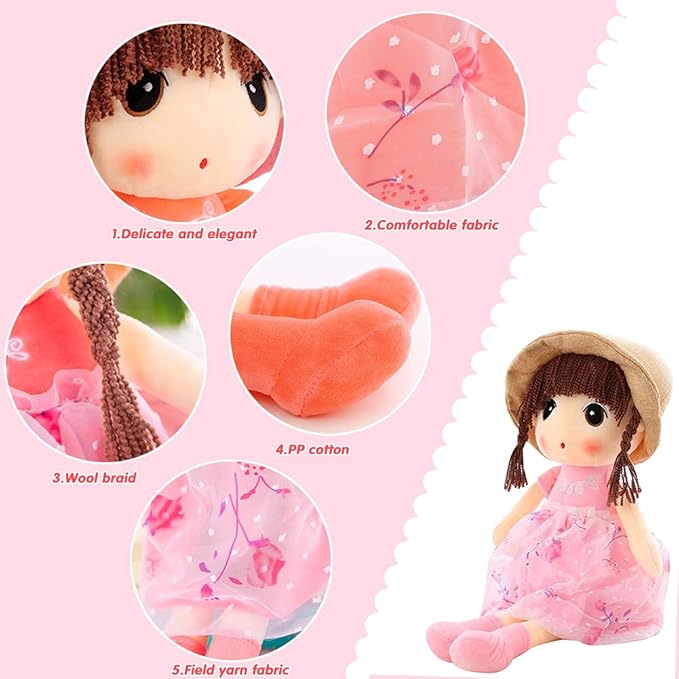 Ikasus Sweetheart Rag Doll with Hat & Skirt - Plush Soft Baby Girl Doll - Xmas/Birthday Gift