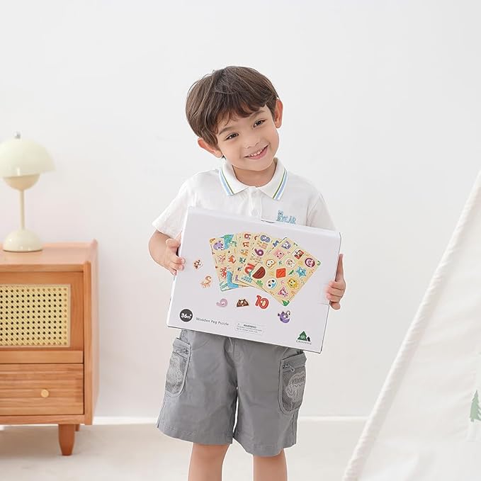 GRINNNIE Wooden Puzzles for Toddlers 1 2 3 Years Old, Montessori Toddler Toys 5PCS Peg Puzzles with Knob - Number, Alphabet, Shape, and Animal, Great Gifts for Boys Girls