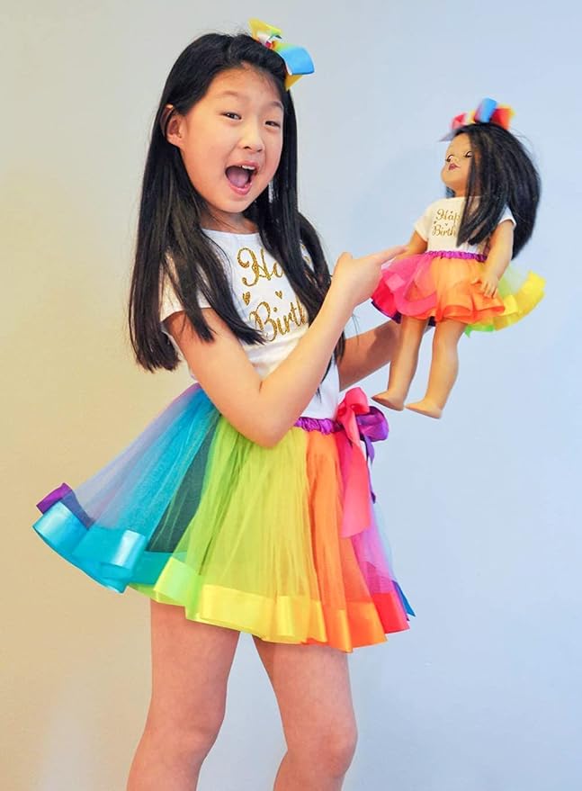 ZITA ELEMENT Birthday Clothes Outfits for Girls Matching Dolls - 1 Cotton Shirts with Sequins Rainbow, 1 Rainbow Tutu Skirts and 1 Bow Hair Clips for 7-9 Years Girls and 18 Inch Girl Dolls