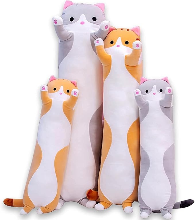 Cute Cat Plush Long Body Pillow Cuddle Cartoon Stuffed Animals Cat Plushie Soft Doll Pillows Gifts for Kids Girls(Gray, 35 Inches), 1 Count (Pack of 1)
