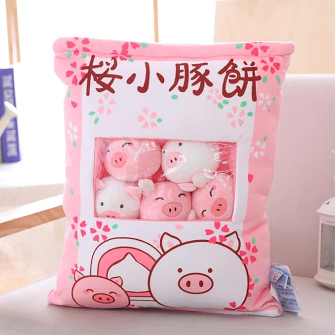 ARELUX Cute Pig Plush Pudding Pillow:Snack Pillow Toys Bag Removable Stuffed Animal 8Pcs Sets Creative Plush,Soft Sakura Pig Plushie Throw Pillow,Dolls Friends Family Member