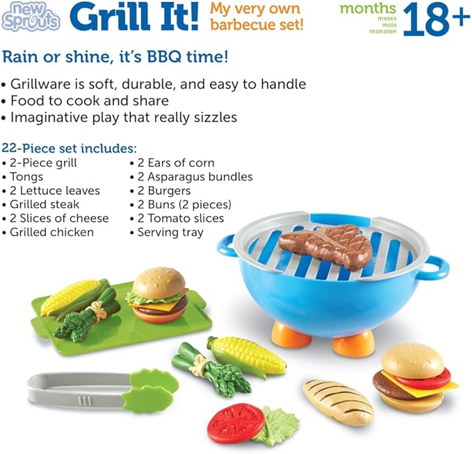 Learning Resources New Sprouts Grill It! Barbecue Set - 22 Piece Set, Ages 18+ Months Toddler Learning Toys, Preschool Toys, Pretend Play Food, Outdoor Play Food Toys
