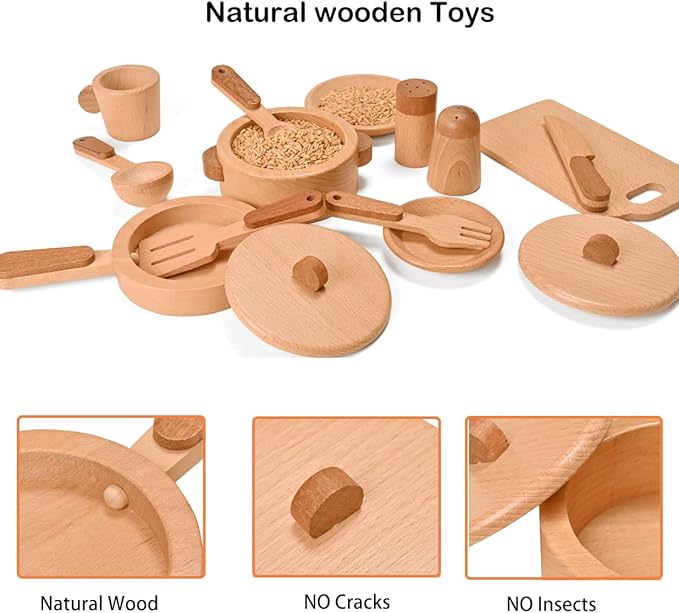 Play Kitchen Accessories Montessori Wooden Toys Kids Kitchen Set Cookware Plates Dishes Pots Pans Cooking Playset 15 Pieces Sensory Toys for Toddlers Girls Boys With Storage Bag